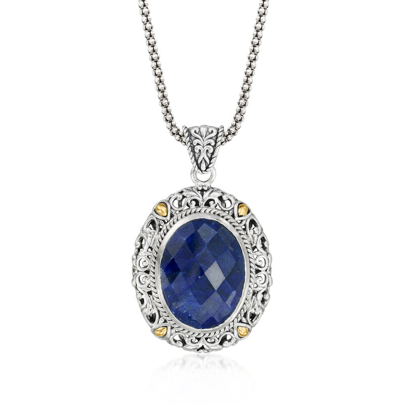 18.00 Carat Sapphire Bali-Style Pendant Necklace in Sterling Silver with 18kt Yellow Gold. 18" image number 1