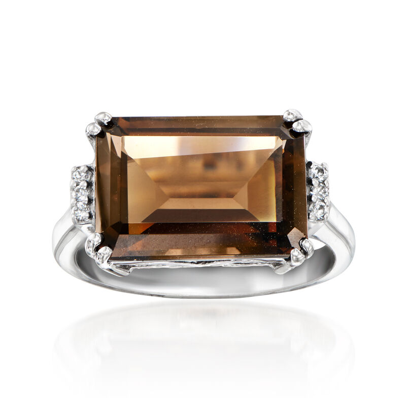 6.00 Carat Smoky Quartz Ring with White Zircons in Sterling Silver image number 0