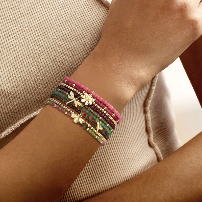 Multi-Gemstone and 14kt Yellow Gold-Plated Jewelry Set: Nine Bead Stretch Bracelets with Nature Charms image number 1