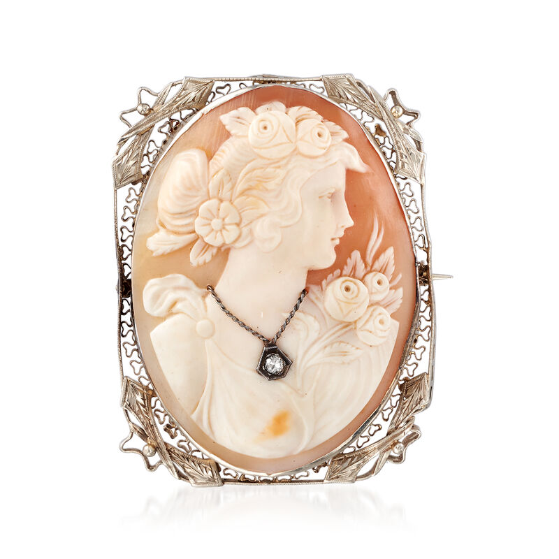 C. 1950 Vintage Shell Cameo Pin/Pendant with Diamond Accent in 14kt White Gold image number 2