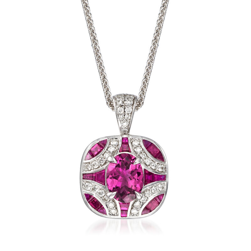 .90 ct. t.w. Pink Tourmaline and .80 ct. t.w. Ruby with .30 ct. t.w. Diamond Pendant Necklace in 14kt White Gold. 18&quot; image number 1