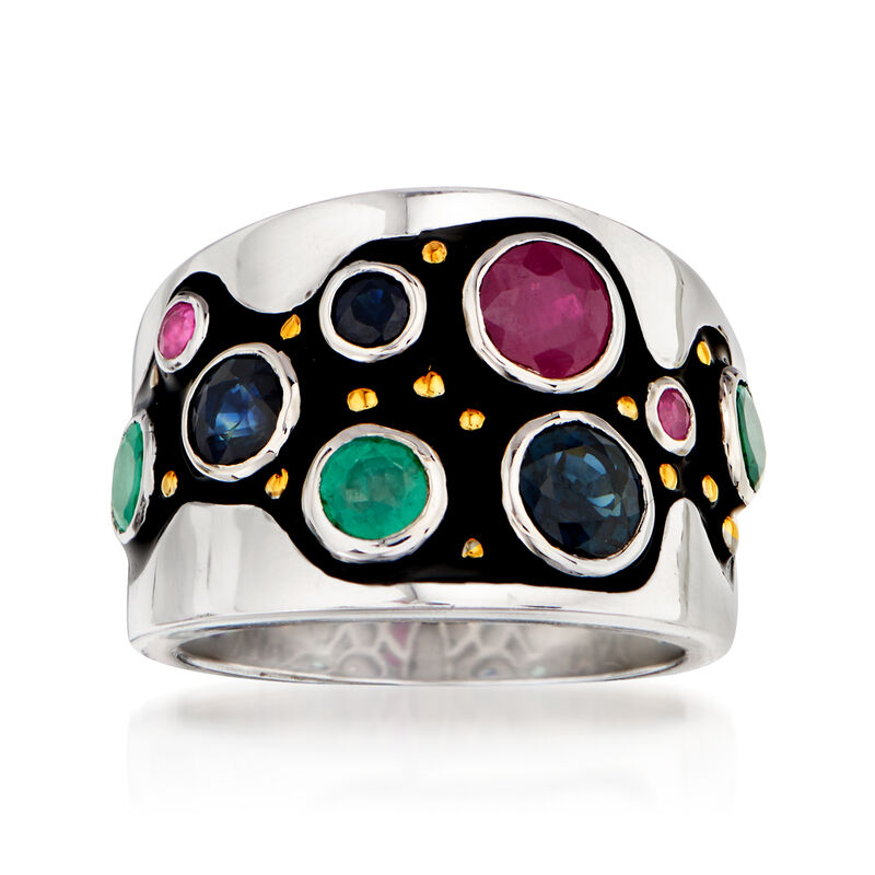 1.10 ct. t.w. Sapphire, 1.00 ct. t.w. Emerald and .80 ct. t.w. Ruby Ring in Sterling Silver with 18kt Gold Over Sterling image number 0