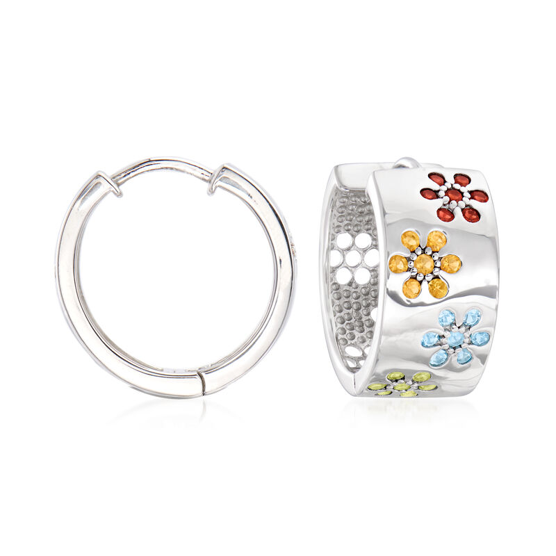 1.20 ct. t.w. Multi-Gemstone Flower Huggie Hoop Earrings in Sterling Silver image number 0