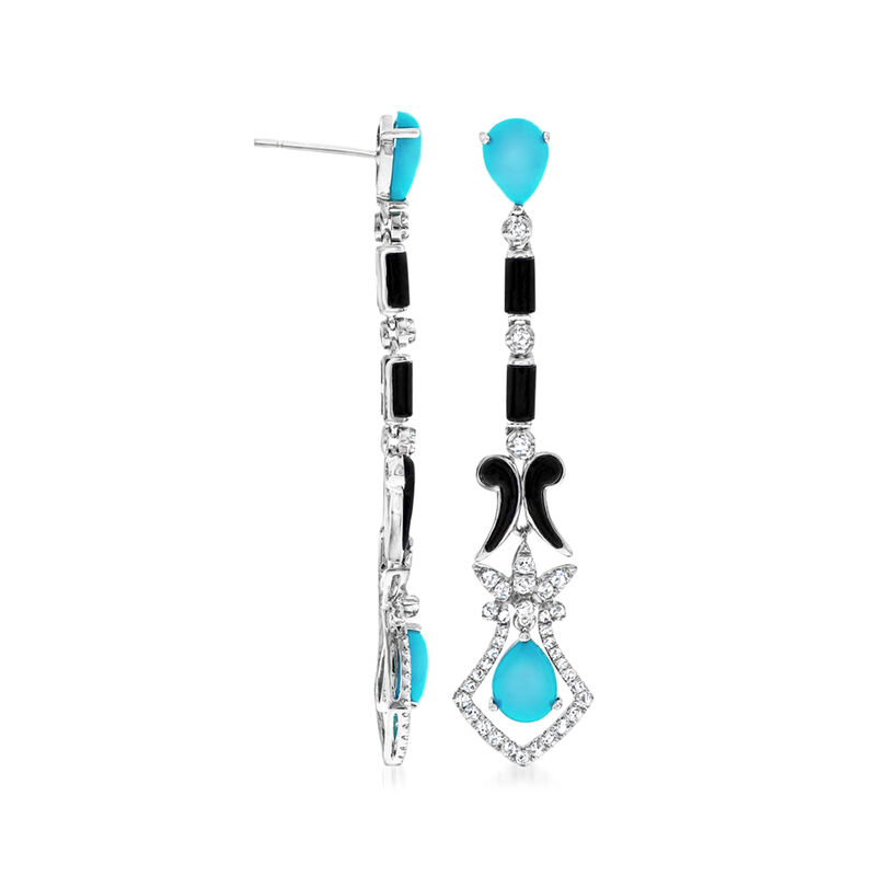 Turquoise and Onyx Drop Earrings with .83 ct. t.w. Diamonds in 14kt White Gold  image number 1
