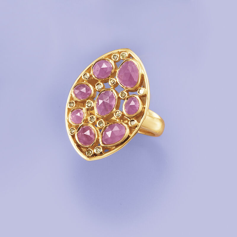 6.00 ct. t.w. Ruby and .25 ct. t.w. Champagne Diamond Ring in 18kt Gold Over Sterling image number 4