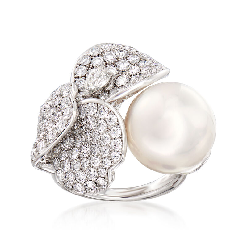 Mikimoto 13mm A+ South Sea Pearl and 3.42 ct. t.w. Diamond Flower Ring in 18kt White Gold. Size 6.5 image number 0