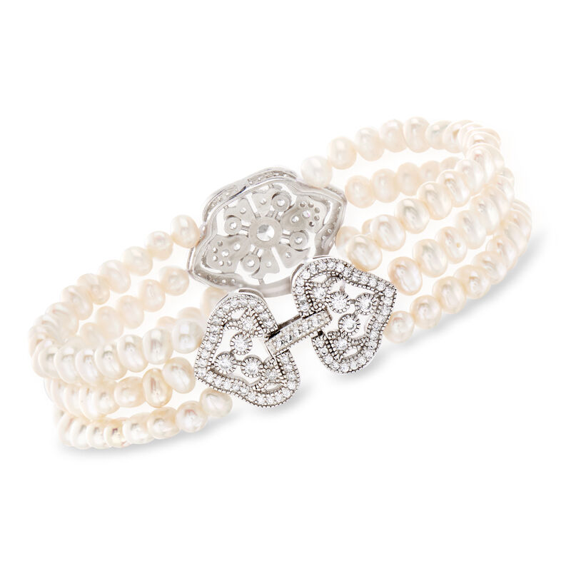 4mm Cultured Pearl and .90 ct. t.w. CZ Three-Row Bracelet in Sterling Silver. 7.5&quot; image number 2