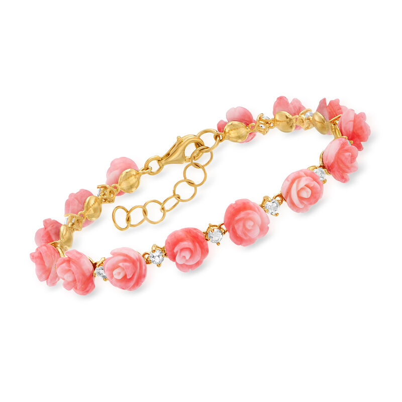 Pink Coral and 1.30 ct. t.w. White Topaz Rose Bracelet in 18kt Gold Over Sterling image number 0