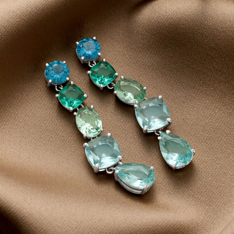 Rhodium-Plated Linear Drop Earrings with Simulated Tonal Blue Gemstones image number 2