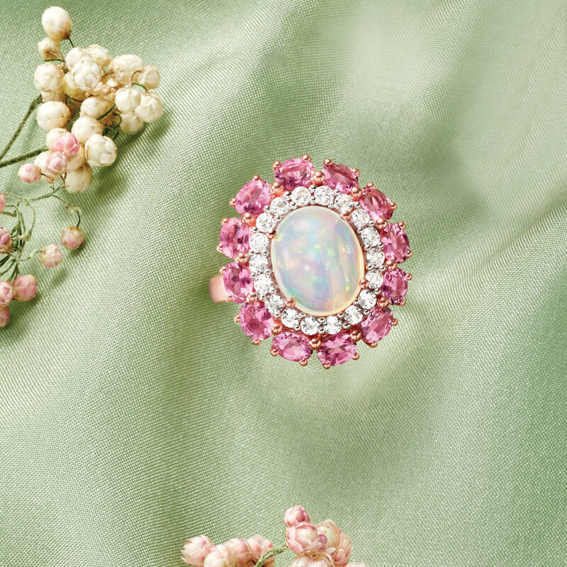 Ethiopian Opal, 1.50 ct. t.w. Pink Tourmaline and .60 ct. t.w. White Topaz Ring in 18kt Rose Gold Over Sterling image number 3