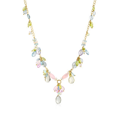 81.83 ct. t.w. Multi-Gemstone Bead Floral Necklace in 18kt Gold Over Sterling
