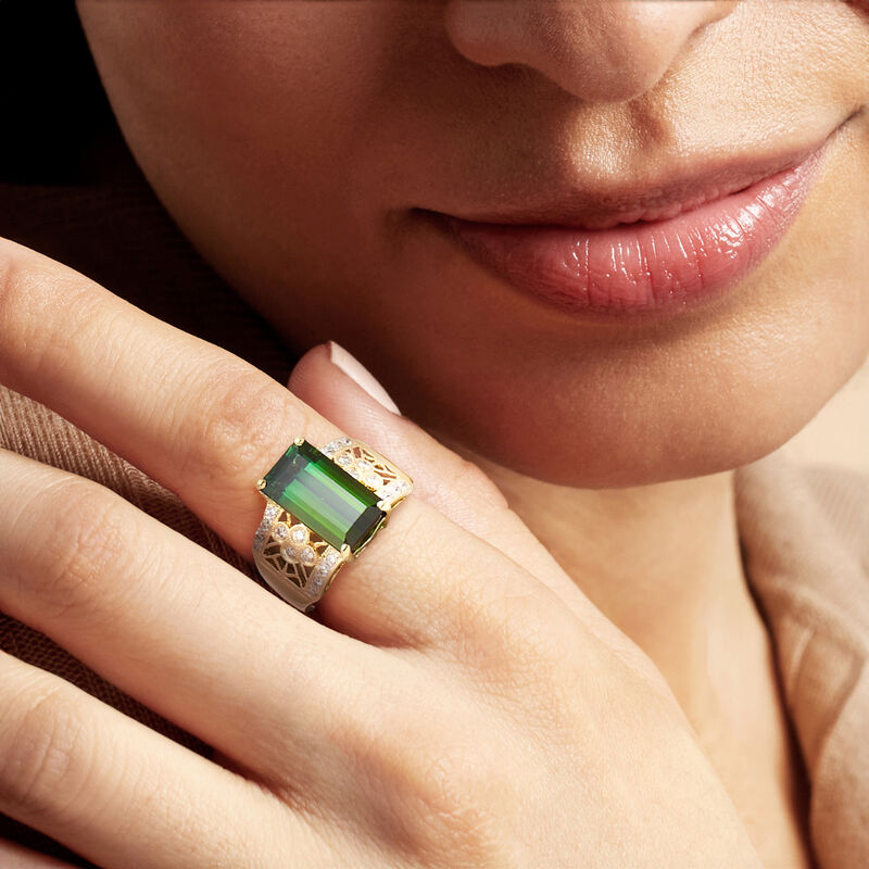 C. 1990 Vintage 4.65 Carat Green Tourmaline Ring with .29 ct. t.w. Diamonds in 18kt Yellow Gold. Size 6 image number 1