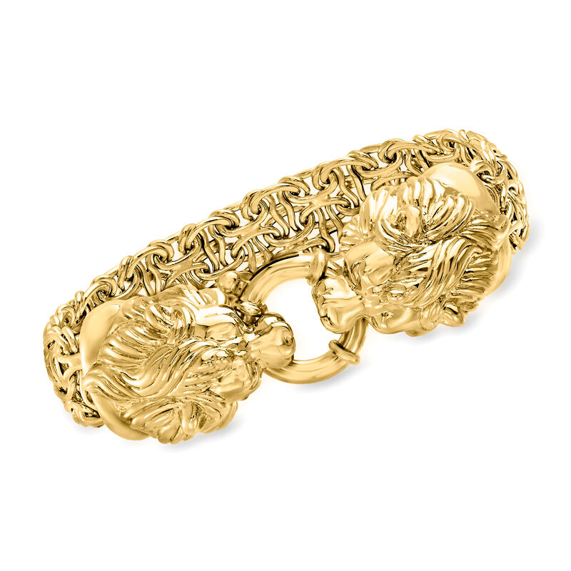 Italian 14kt Yellow Gold Double Lion Head Byzantine Bracelet image number 0