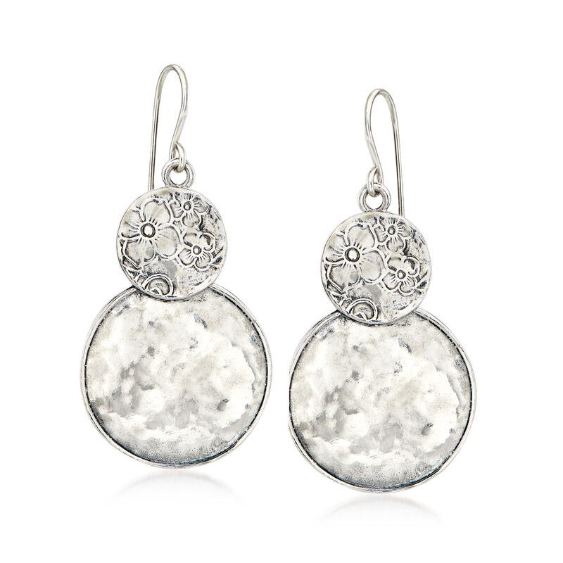 Sterling Silver Floral Double-Circle Drop Earrings image number 0