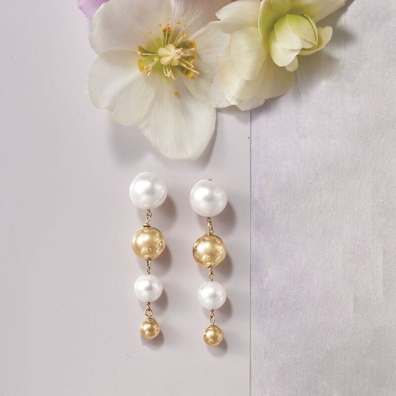 8-12mm Cultured Pearl and 14kt Yellow Gold Graduated Bead Drop Earrings image number 2