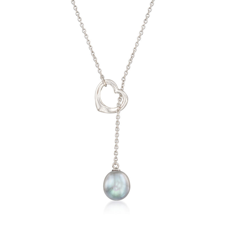 9-10mm Gray Cultured Pearl Heart Lariat Necklace in Sterling Silver image number 0