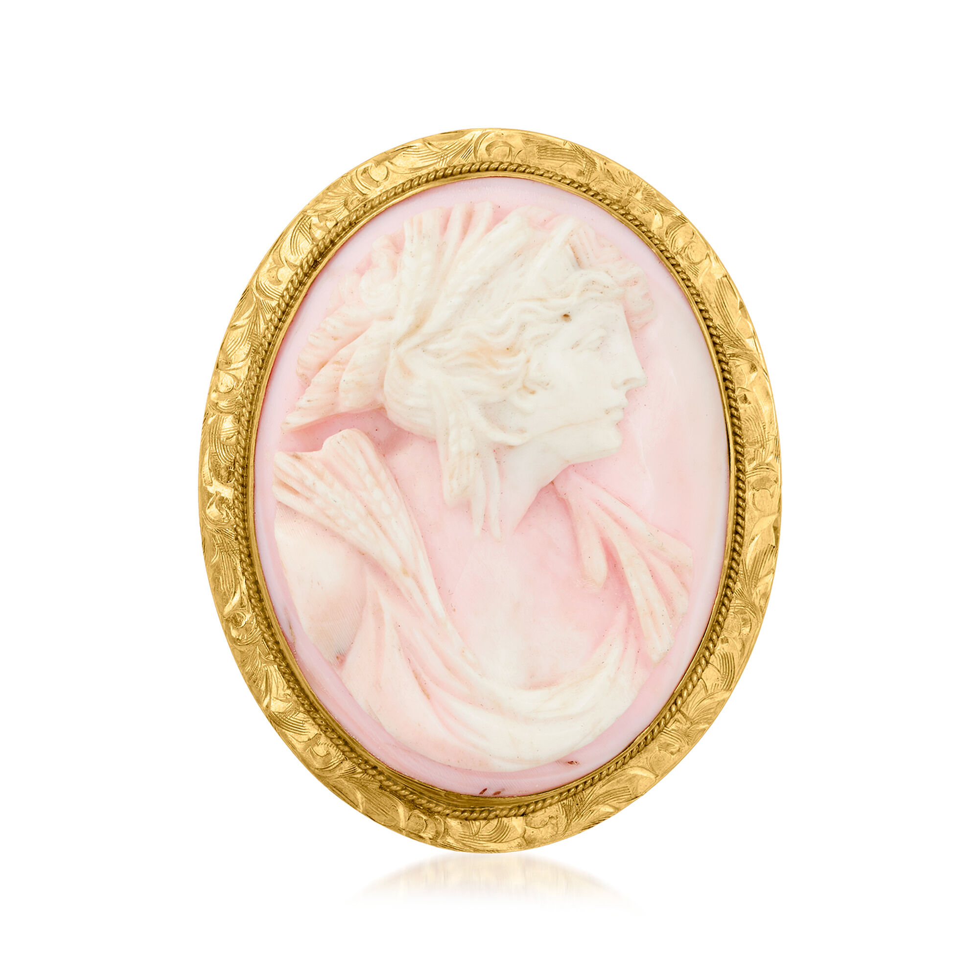 C. 1950 Vintage Pink Shell Cameo Pin Pendant in 10kt Yellow Gold