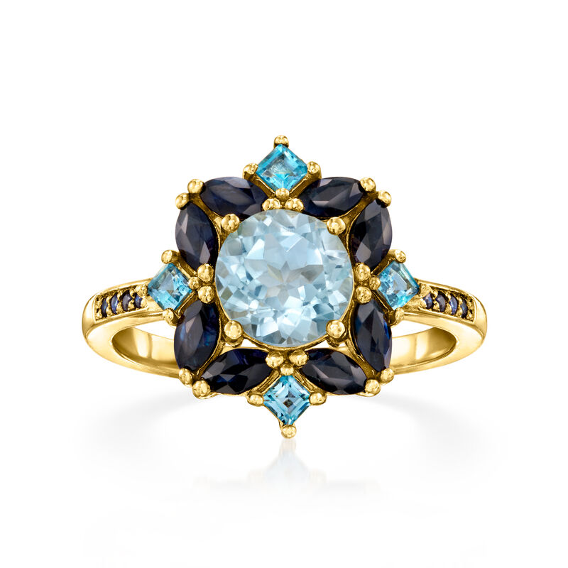 1.50 Carat Sky Blue Topaz, .68 ct. t.w. Sapphire and .30 ct. t.w. London Blue Topaz Ring in 18kt Gold Over Sterling image number 0