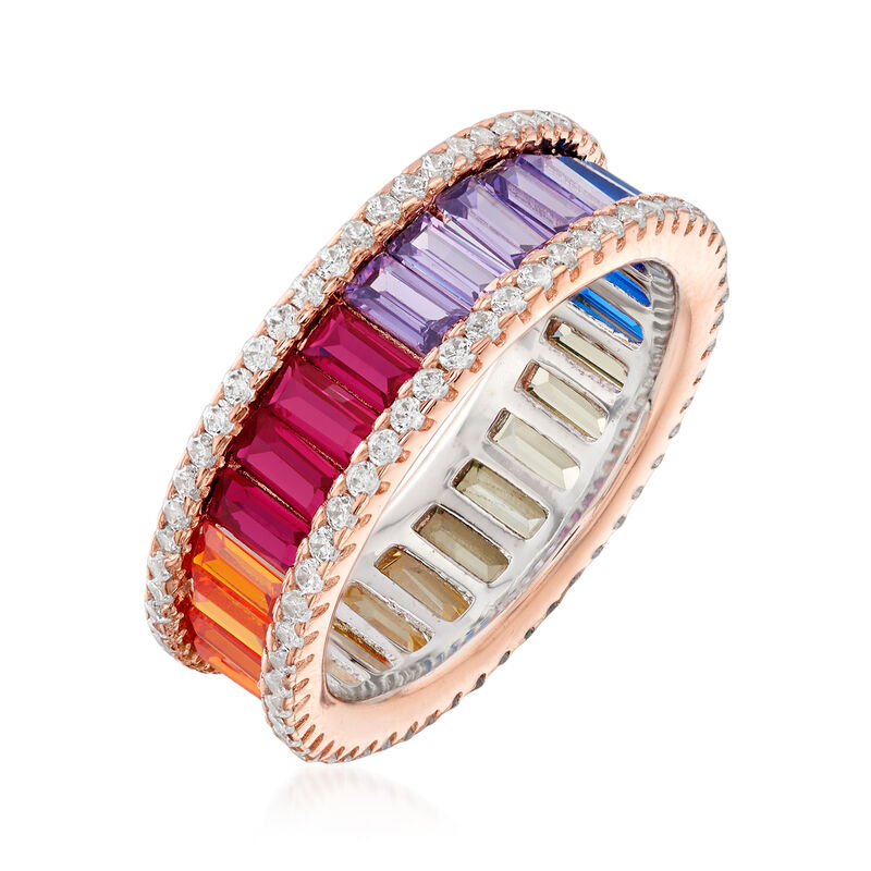 Simulated Sapphire and .80 ct. t.w. CZ Rainbow Ring in 18kt Rose Gold Over Sterling image number 2