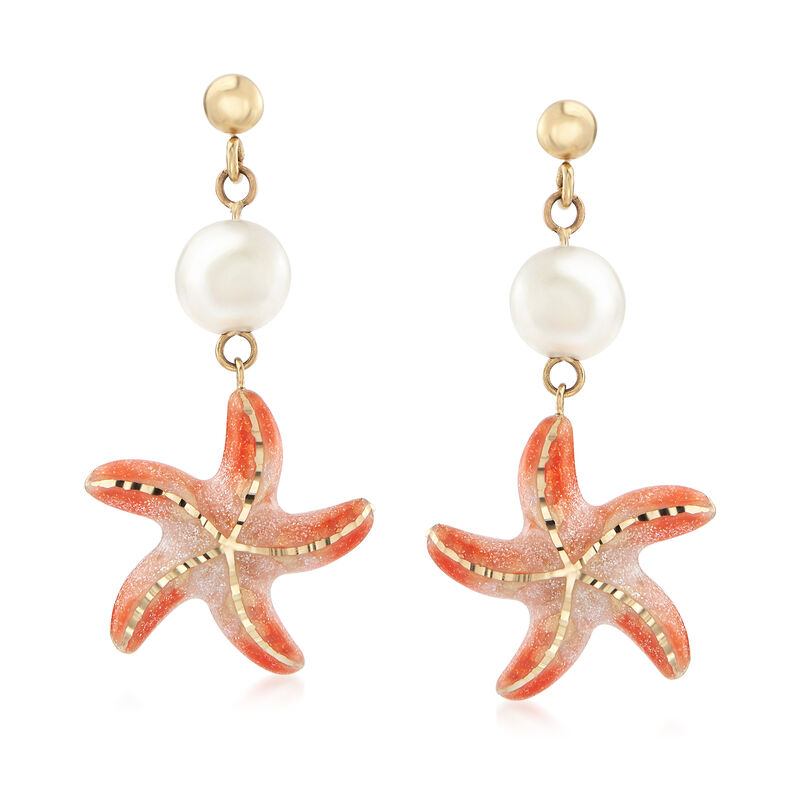 Italian 8mm Cultured Pearl Starfish Earrings in 14kt Yellow Gold image number 0