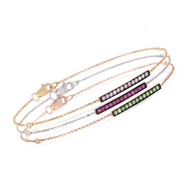 .60 ct. t.w. Multi-Stone Jewelry Set: Three Bar Bracelets with Diamond Accents in 14kt Tri-Colored Gold image number 0