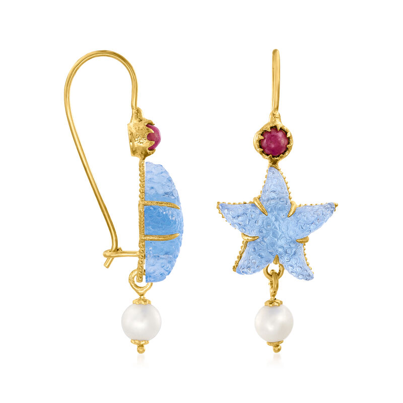 Italian Tagliamonte Blue Venetian Glass Starfish Drop Earrings with .50 ct. t.w. Ruby and Cultured Pearls in 18kt Gold Over Sterling image number 2