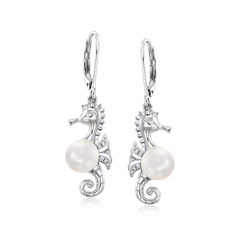 7.5-8mm Cultured Pearl Seahorse Drop Earrings in Sterling Silver image number 0