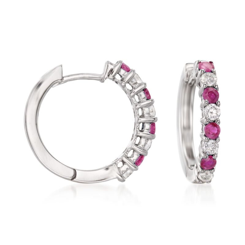 .50 ct. t.w. Ruby and .35 ct. t.w. Diamond Hoop Earrings in 14kt White Gold image number 0