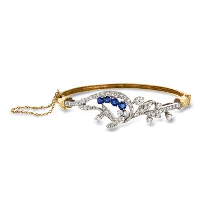 C. 1970 Vintage 1.50 ct. t.w. Diamond and .85 ct. t.w. Sapphire Floral Bangle Bracelet in Palladium and 14kt Yellow Gold