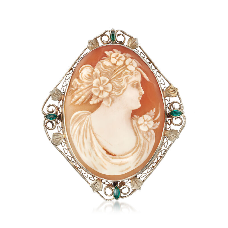 C. 1950 Vintage Shell Cameo Pin Pendant in 14kt White Gold image number 1