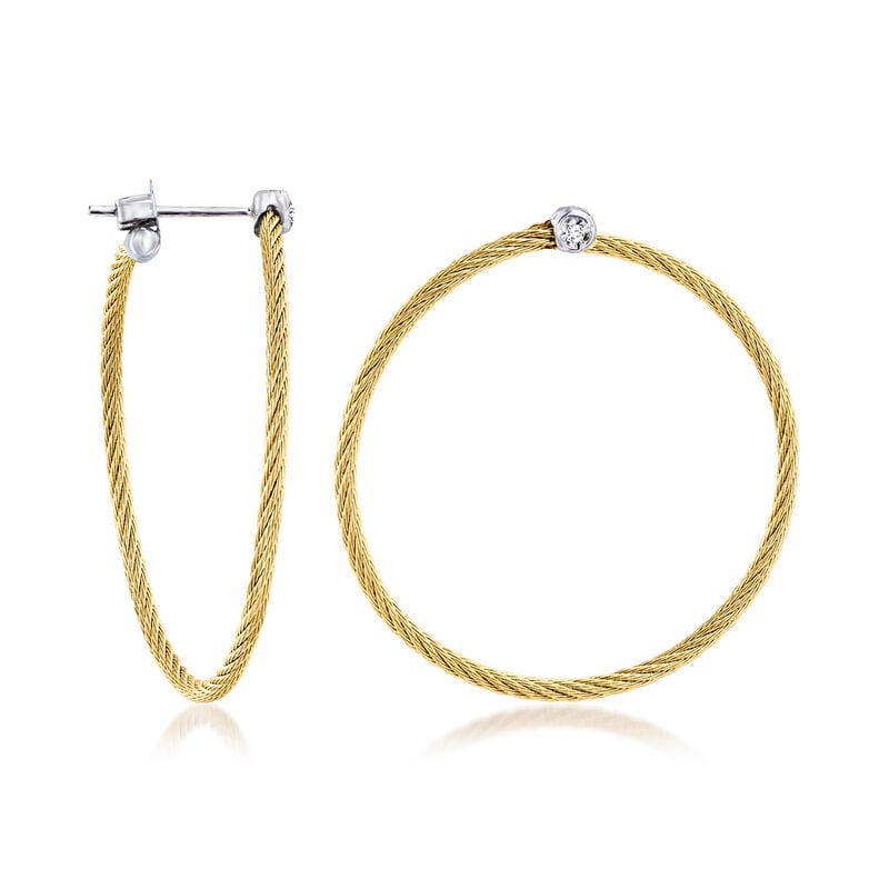 ALOR Yellow Stainless Steel Cable Hoop Earrings with Diamonds in 18kt White Gold. 1 3/8&quot; image number 2
