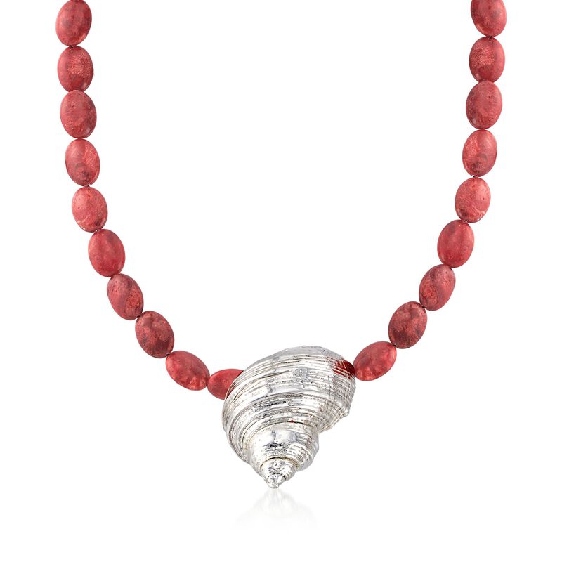 Sterling Silver Seashell and Red Simulated Coral Bead Necklace image number 0