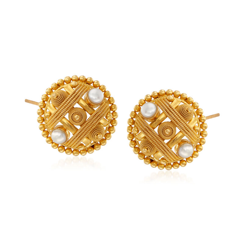 C. 1990 Vintage 4mm Cultured Pearl Beaded Circle Earrings in 22kt Yellow Gold image number 0