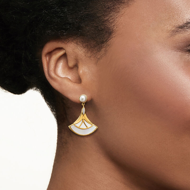 Pink and White Mother-of-Pearl, 5-5.5mm Cultured Pearl and .10 ct. t.w. White Topaz Fan Drop Earrings in 18kt Gold Over Sterling image number 1