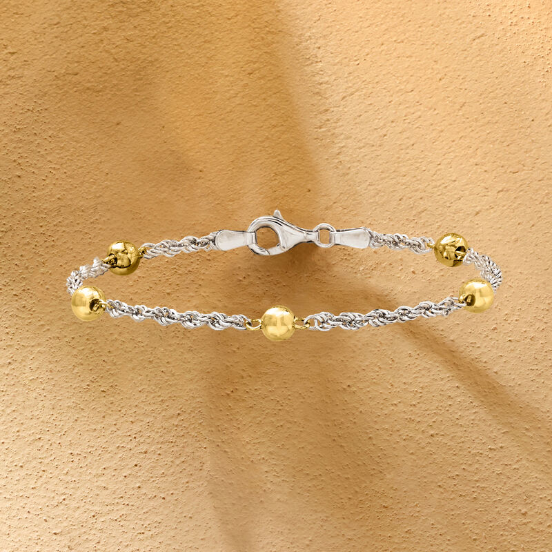 Sterling Silver and 18kt Gold Over Sterling Bead Station Rope-Chain Bracelet image number 2