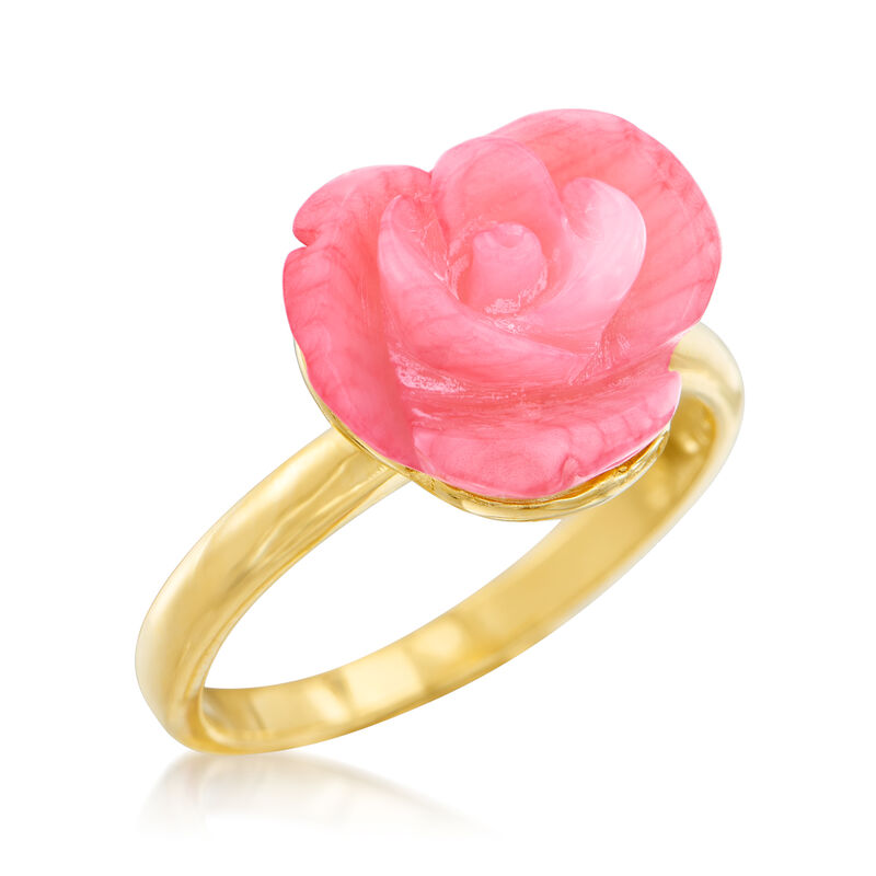 Carved Pink Coral Rose Ring in 14kt Gold Over Sterling image number 3