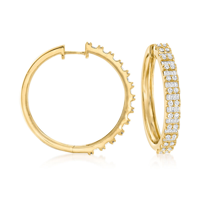 2.00 ct. t.w. Round and Baguette Diamond Hoop Earrings in 18kt Gold Over Sterling. 1 1/4&quot; image number 0