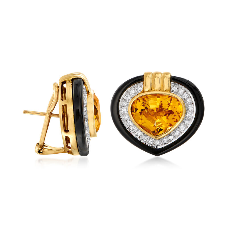 C. 1980 Vintage 8.50 ct. t.w. Citrine, .65 ct. t.w. Diamond and Black Onyx Heart Earrings in 18kt Yellow Gold image number 2