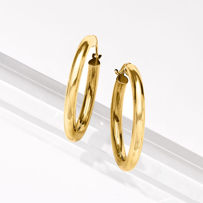 Italian 3mm 18kt Yellow Gold Hoop Earrings. 1&quot; image number 2