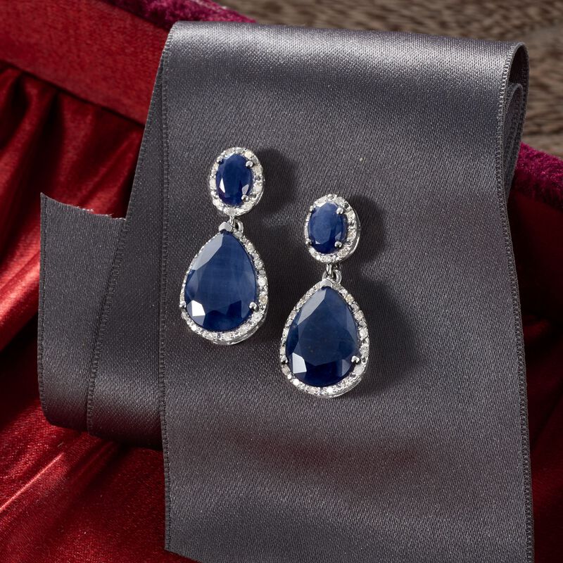 13.50 ct. t.w. Sapphire and .35 ct. t.w. Diamond Drop Earrings in Sterling Silver image number 2