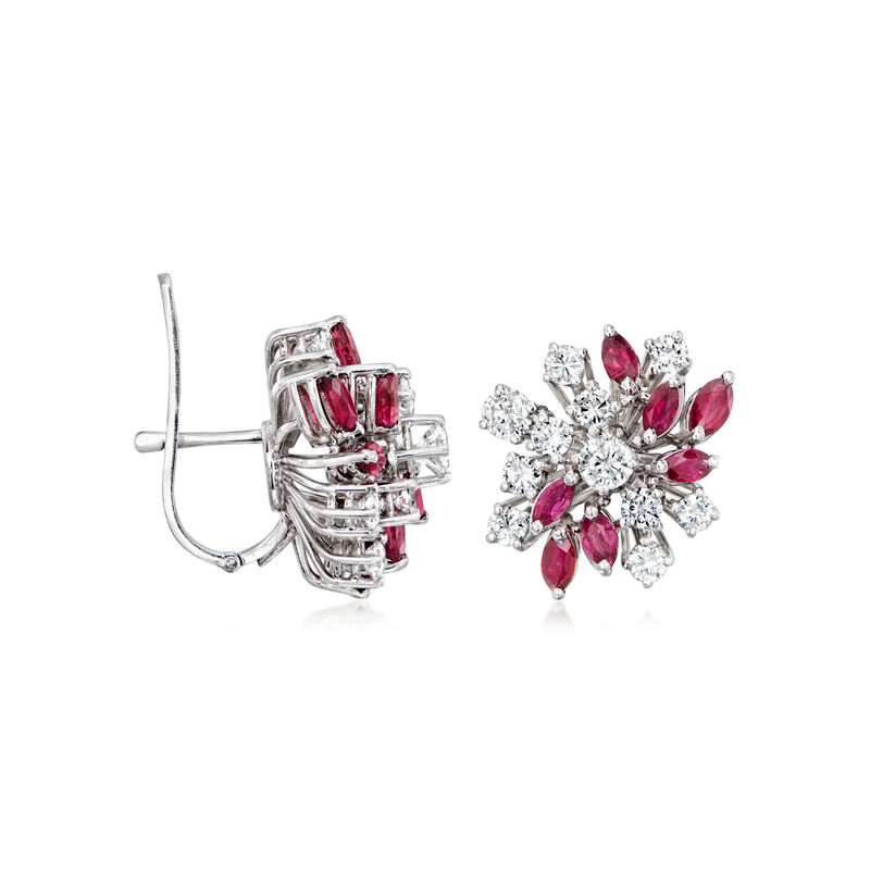 C. 1980 Vintage 2.60 ct. t.w. Diamond and 2.00 ct. t.w. Ruby Cluster Earrings in 18kt White Gold image number 2