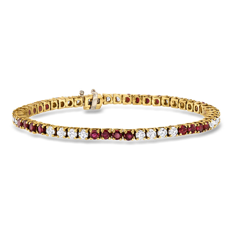 C. 1990 Vintage 3.00 ct. t.w. Ruby and 2.80 ct. t.w. Diamond Tennis Bracelet in 18kt Yellow Gold. 7" image number 0