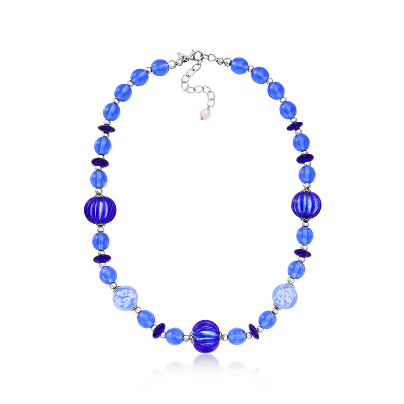 Italian Blue Murano Glass Bead Necklace in Sterling Silver image number 2