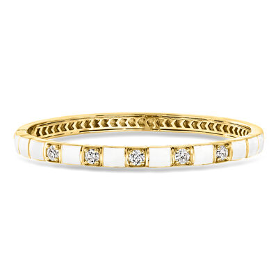 1.10 ct. t.w. Lab-Grown Diamond and White Enamel Bangle Bracelet in 18kt Gold Over Sterling