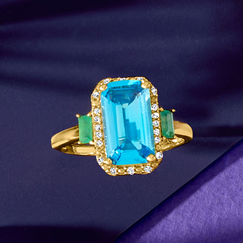 4.30 Carat Swiss Blue Topaz and .20 ct. t.w. Emerald Ring with .10 ct. t.w. Diamonds in 14kt Yellow Gold image number 3