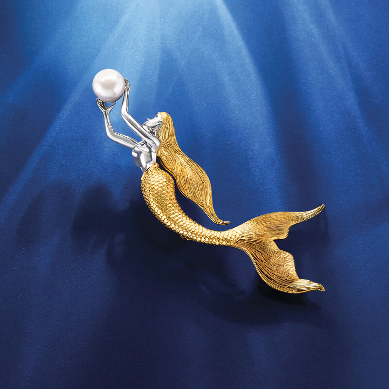 9-9.5mm Cultured Pearl Mermaid Pin in Sterling Silver and 18kt Gold Over Sterling image number 2