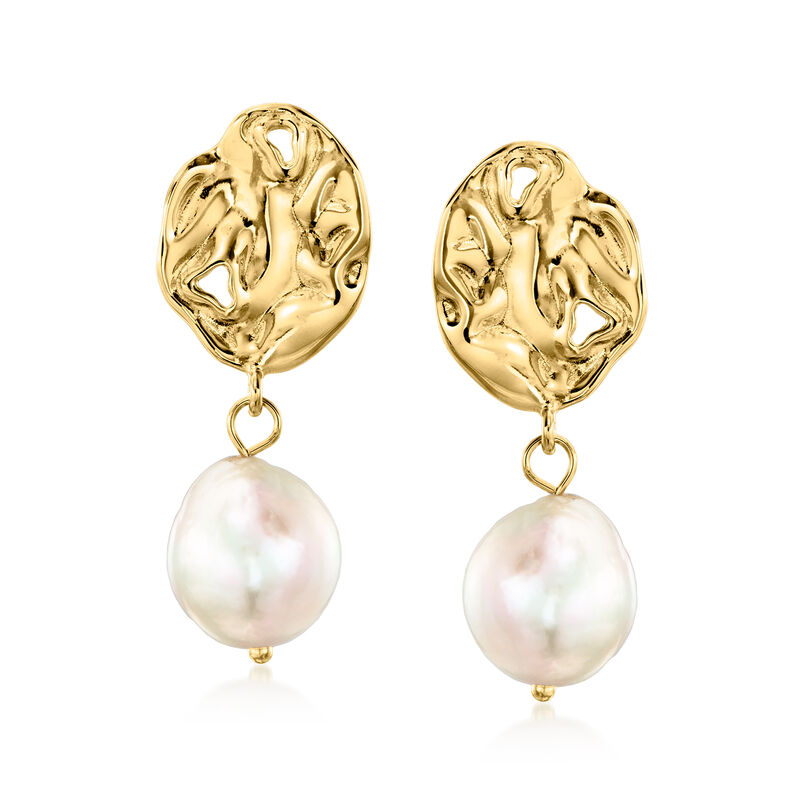 11-11.5mm Cultured Baroque Pearl Hammered Drop Earrings in 18kt Gold Over Sterling image number 0