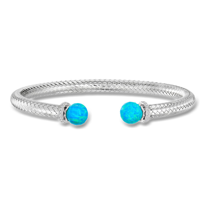 Charles Garnier 8mm Simulated Blue Opal Bead and .20 ct. t.w. CZ Cuff Bracelet in Sterling Silver. 7.5" image number 0