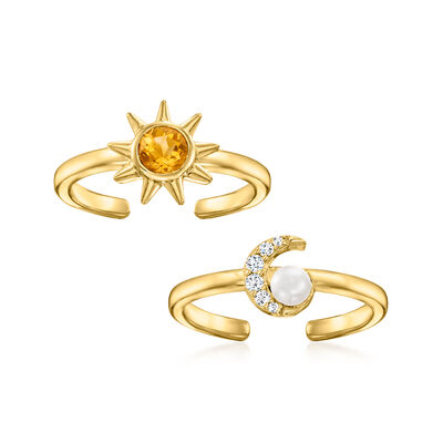 3mm Cultured Pearl and .25 ct. t.w. Multi-Gemstone Jewelry Set: Two Celestial Toe Rings in 18kt Gold Over Sterling