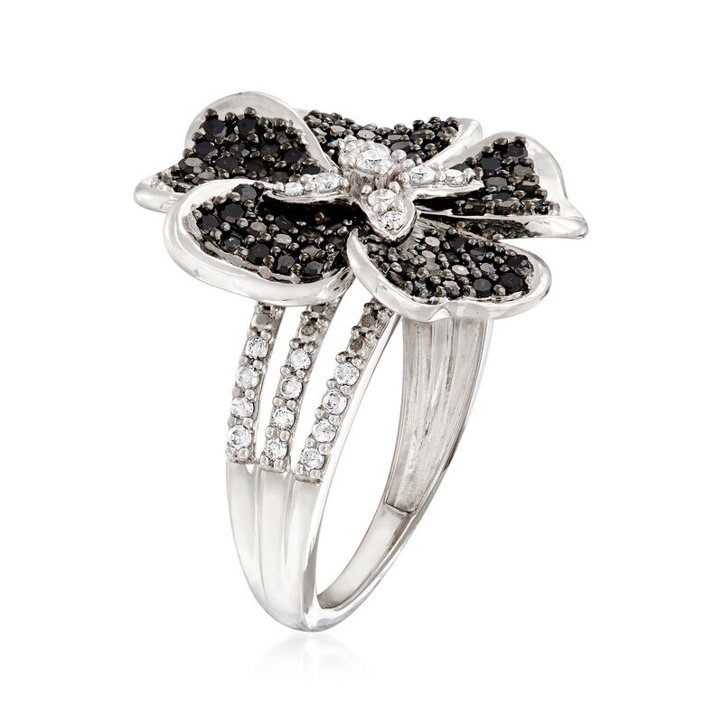 1.00 ct. t.w. Black and White Diamond Flower Ring in Sterling Silver image number 2